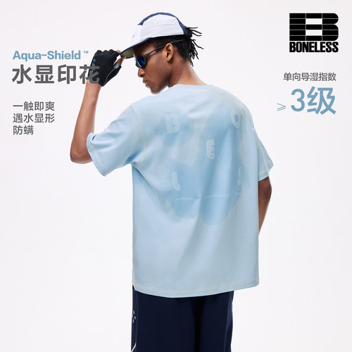 BONELESS水显印花哈苏线亲肤透气垂感休闲宽松圆领落肩短袖T恤