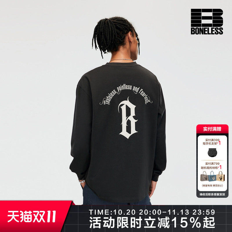 BONELESS圆弧哥特B字印花罗纹长袖T恤春秋美式高街国潮牌情侣上衣
