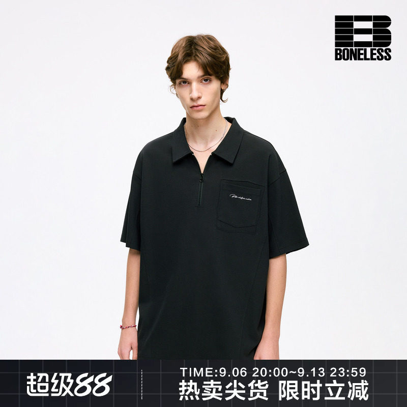 BONELESS破坏口袋手写体字母印花半拉链美式复古休闲短袖POLO衫