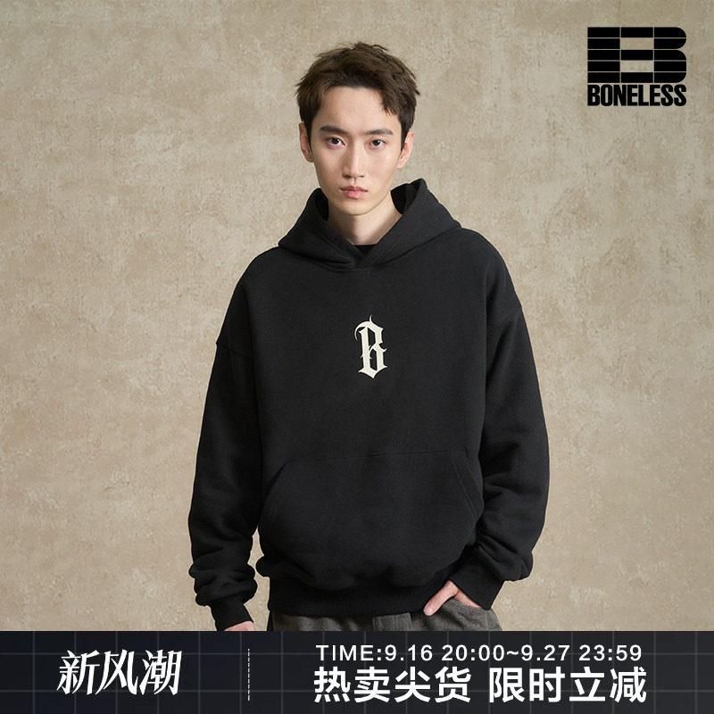 BONELESS秋季基础B字胶浆印花加绒连帽衫男女款重磅黑色卫衣外套图片