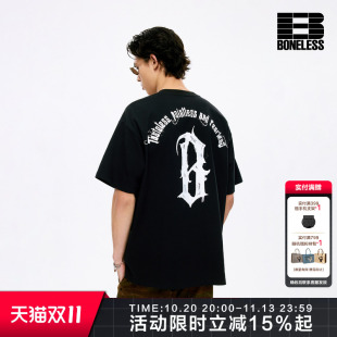 BONELESS水墨哥特B印花宽松美式中性风街头休闲落肩短袖T恤男女