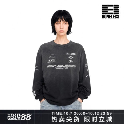 BONELESS丝网印花LOGO洗水做旧圆领长袖T恤舒适透气纯棉赛车上衣