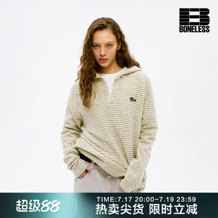 BONELESS奔跑小狗刺绣章仔仿兔毛条纹长袖针织衫趣味百搭亲肤上衣