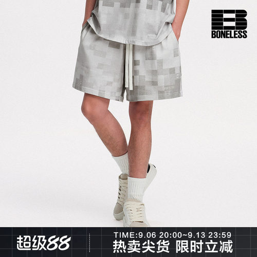 BONELESS格子迷彩LOGO休闲短裤