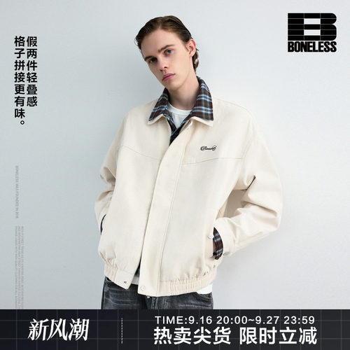 BONELESS假两件撞色拼接格子翻领刺绣夹克宽松纯棉cleanfit外套