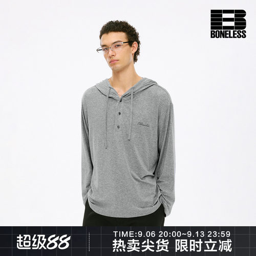 BONELESS莱赛尔羊毛混纺半开门襟长袖连帽衫LOGO绣花挺括卫衣上衣