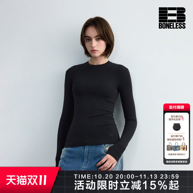 BONELESS基础紧身针织长袖T恤刺绣logo百搭圆领显瘦上衣打底衫女