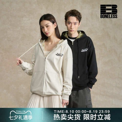 BONELESS格纹拼接连帽拉链帽衫宽松刺绣重磅开衫卫衣休闲潮牌外套