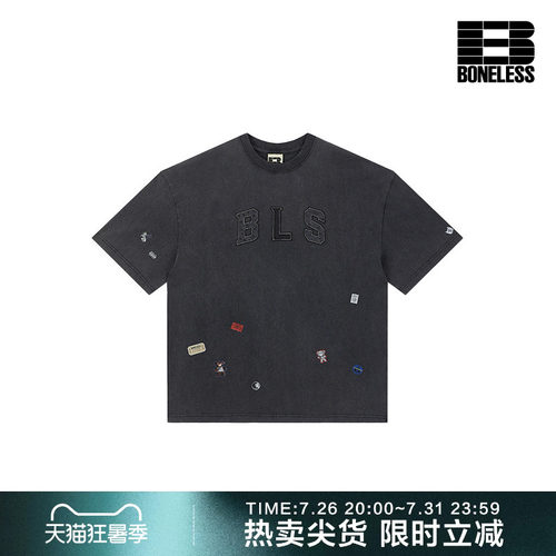 【商场同款】BONELESS磨烂玩具熊贴纸印花贴布绣LOGO透气短袖T恤