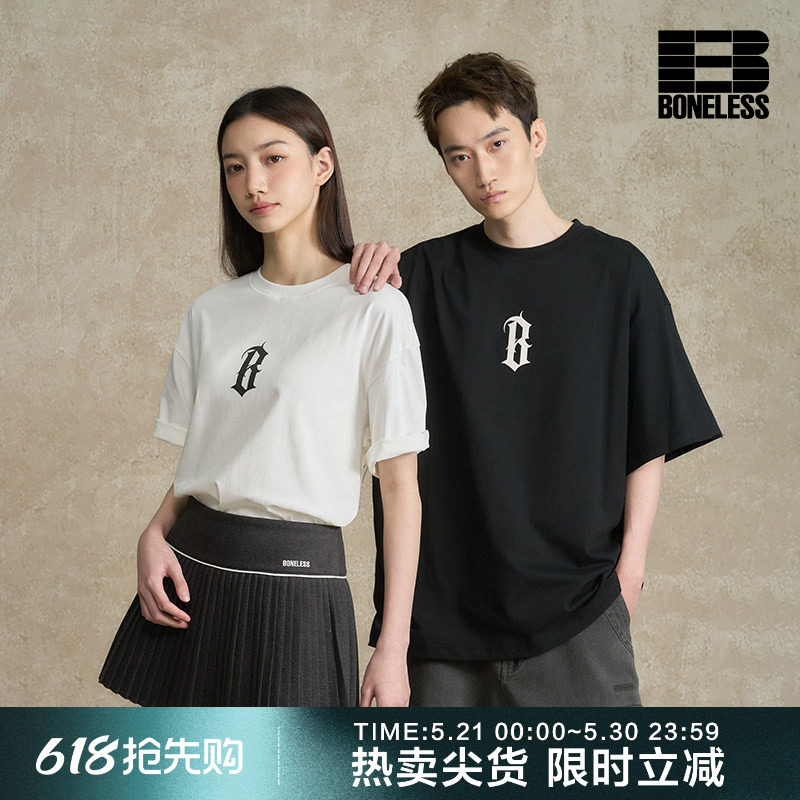 BONELESS基础字母LOGO发泡印花短袖美式高街T恤夏季情侣休闲体恤
