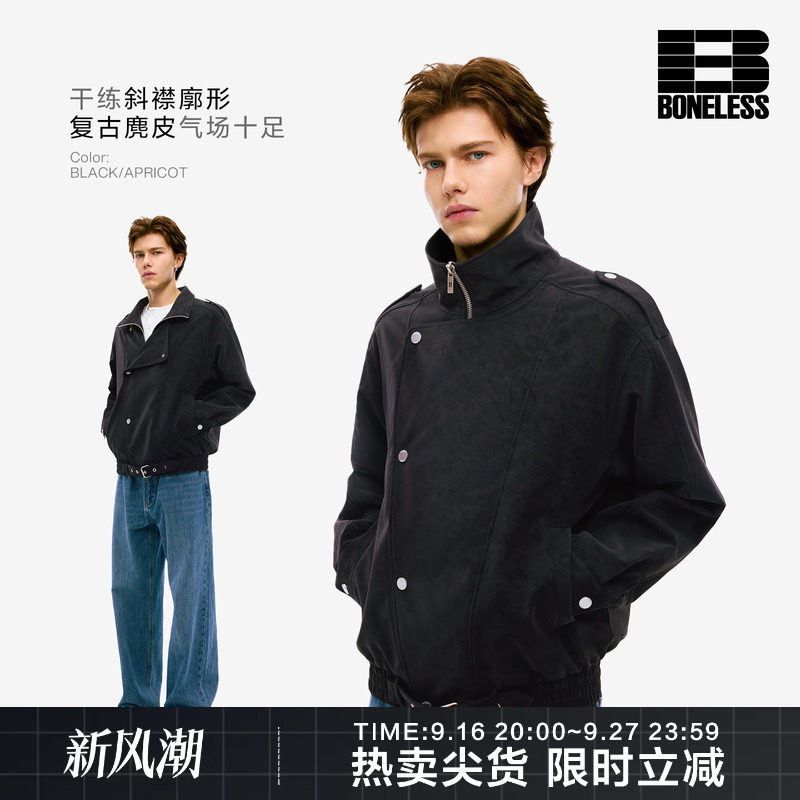 BONELESS褶皱斜门襟PU皮夹克外套潮牌复古工装百搭休闲翻领开衫图片