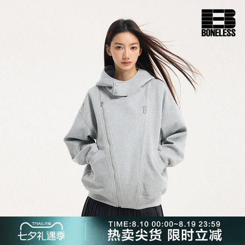 BONELESS秋季新款机车连帽拉链开衫卫衣铁标logo宽松潮牌外套
