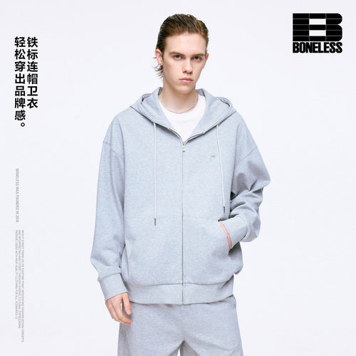 BONELESS铁标LOGO连帽卫衣外套春季宽松百搭cleanfit休闲拉链开衫