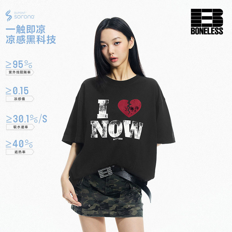 BONELESS碎心磨损印花短袖T恤夏季新款凉感速干宽松圆领体恤男女图片