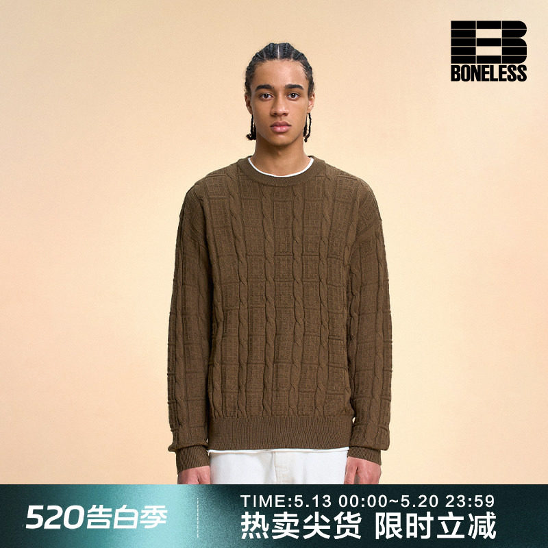 BONELESS圆领暗纹B字logo毛衣简约麻花宽松羊毛套头保暖上衣