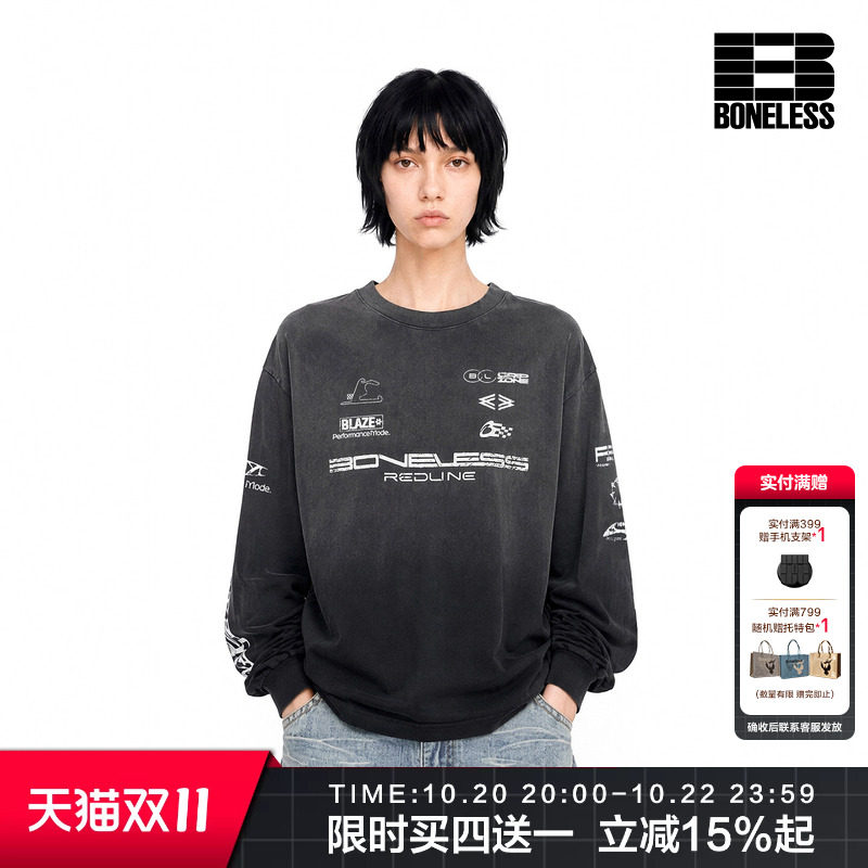 BONELESS丝网印花LOGO洗水做旧圆领长袖T恤舒适透气纯棉赛车上衣