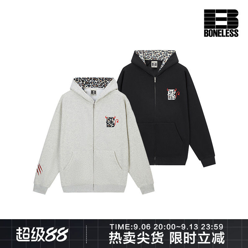 BONELESS小恶魔豹纹贴布绣拉链连帽针织外套宽松潮牌情侣开衫卫衣图片