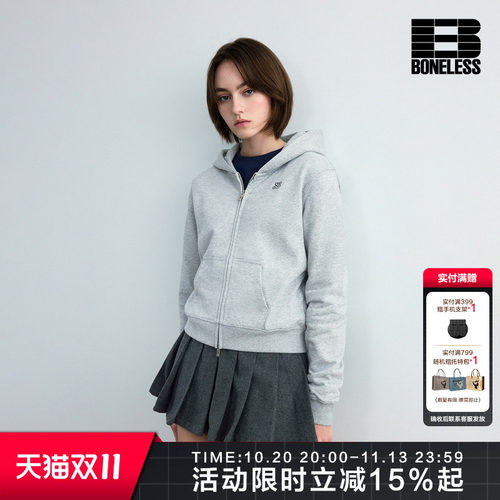 BONELESS双拉头短款拉链卫衣简约刺绣百搭潮流连帽上衣外套女装