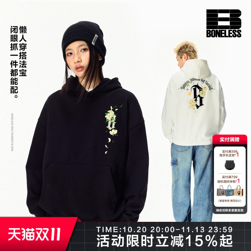 BONELESS基础哥特B香水百合印绣连帽卫衣秋季宽松重磅情侣帽衫潮