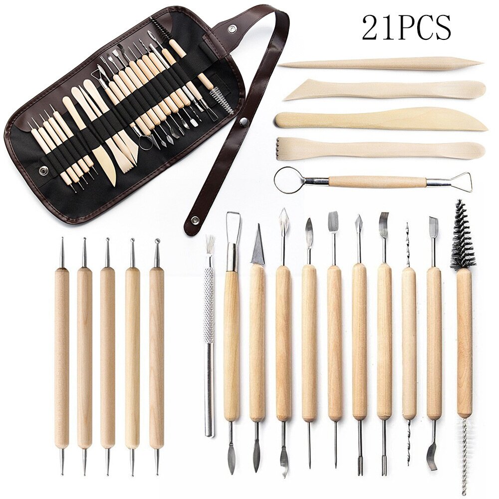 跨境陶艺工具21件套装收纳腰包粘土软陶泥塑蕾丝雕刻刀木质点钻笔