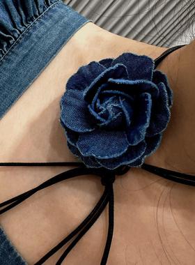 抖音梁苏斌服装非金属布艺项链牛仔山茶花法式小香风绑带肩颈配饰