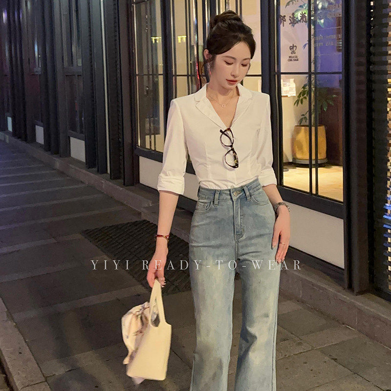 依依家小个子[许妍衬衫]短款修身白色长袖衬衫女春季V领气质上衣