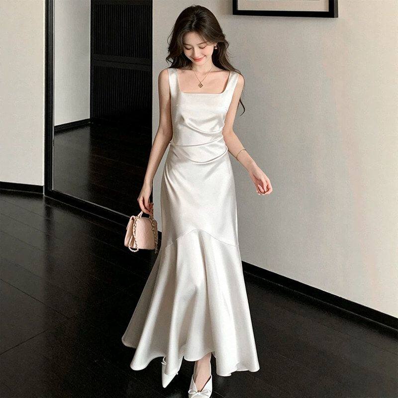 高级感白色缎面吊带无袖连衣裙女夏季鱼尾长款订婚聚会宴会小礼服