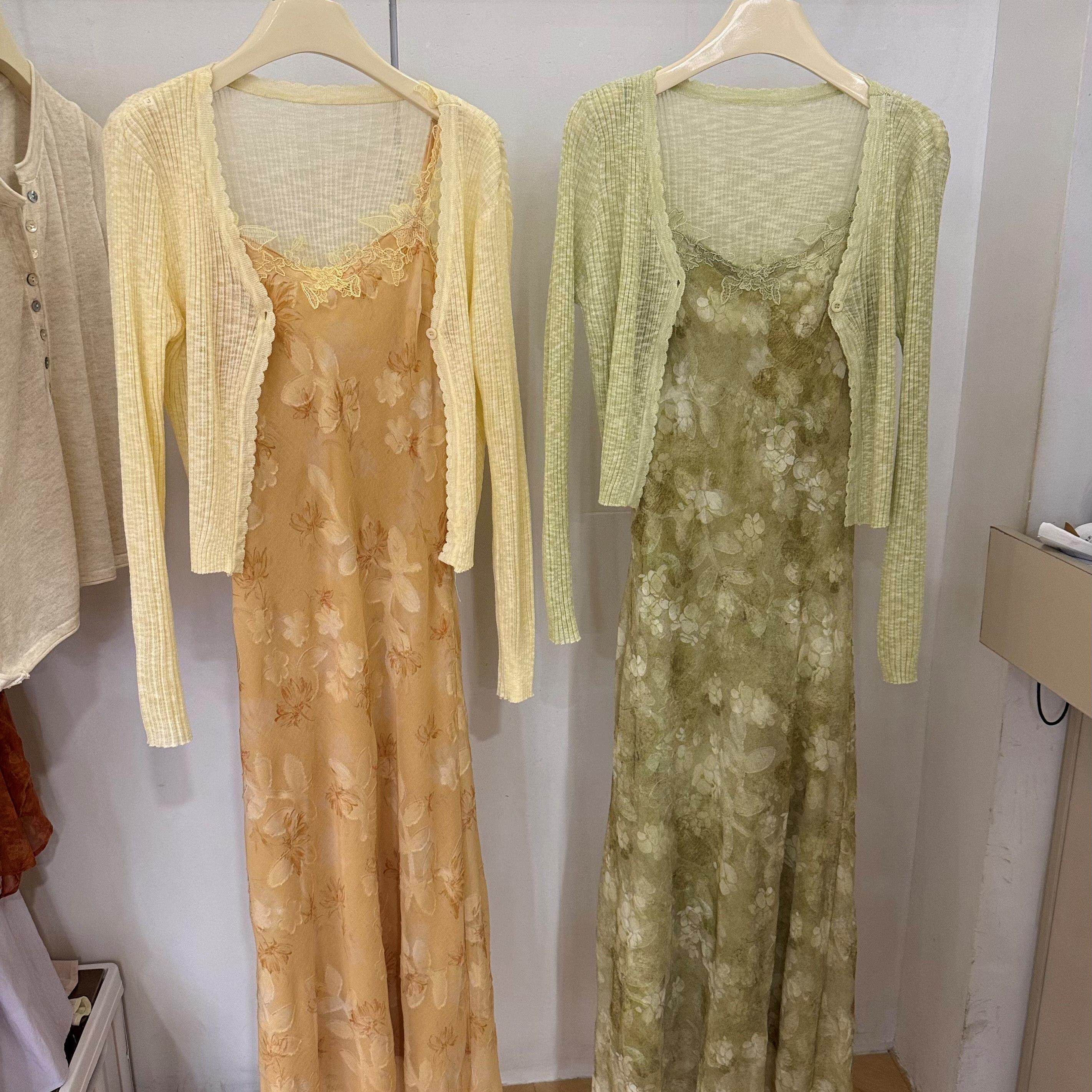 绿色蕾丝花边碎花吊带开衫两件式洋装女早春夏黄色精致度假长裙