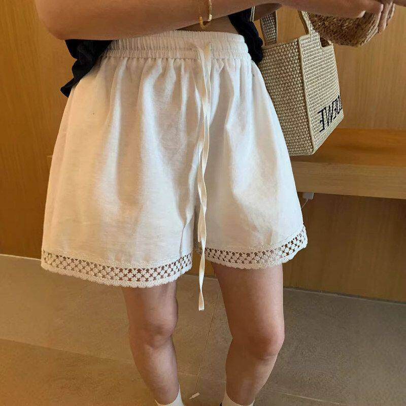 蕾丝花边米白色亚麻短裤女外穿夏薄款宽松阔腿裤居家休闲运动短裤