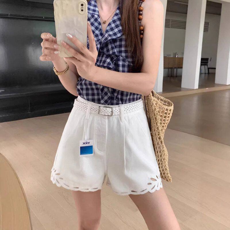 26夏上新 INS高级感白色牛仔短裤女度假风花边短裤女高腰欧美跨境