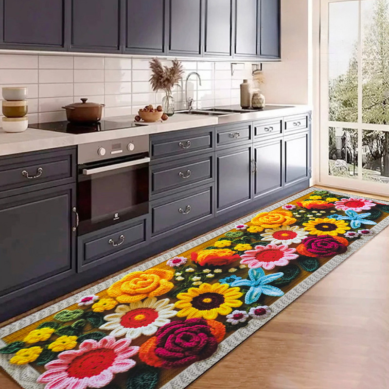 2025新款亮丽立体花卉厨房防滑垫软硅藻泥吸水吸油家用地垫可裁剪