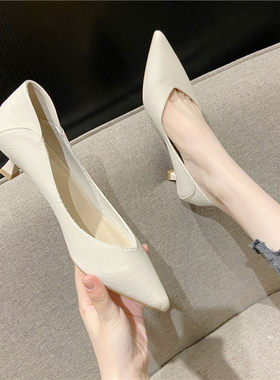 高跟鞋女米色职业百搭工作单鞋