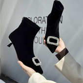 2025秋冬尖头细跟短靴女高跟鞋 水钻低跟软皮马丁靴女靴瘦瘦靴3CM