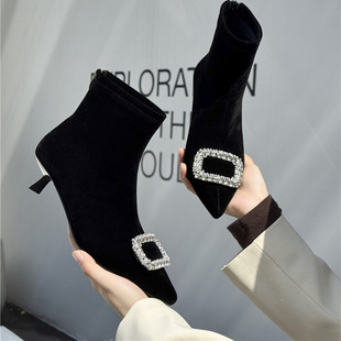 2025秋冬尖头细跟短靴女高跟鞋水钻低跟软皮马丁靴女靴瘦瘦靴3CM