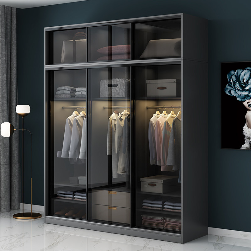 衣柜玻璃门家用卧室组合现代简约小户型轻奢推拉移门滑门储物衣橱