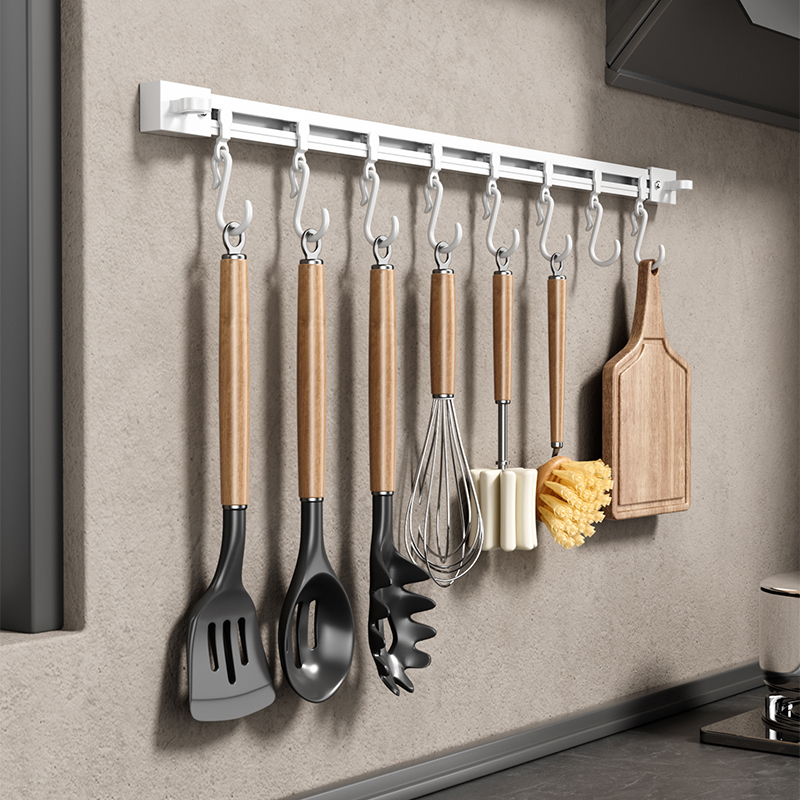 厨房挂钩免打孔滑轨挂架排钩墙壁挂杆勺子铲子置物V架橱柜门后收