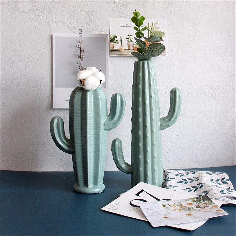 出口欧洲复古法式哑o光灰绿色仙人掌大花瓶花器立体纹理摆件花插