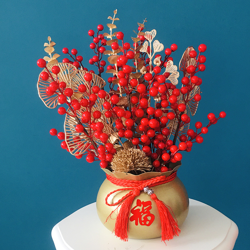 新年装饰品桌面摆件柜台收银台春节摆饰红果插枝喜庆Y礼物橱窗布