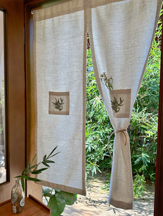 侘寂风亚麻棉麻分片式美式田园风贴布绣花门帘中古风竹韵隔断帘