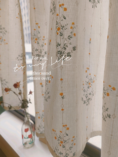 韩式 小清新印花碎花棉质窗帘素雅小菊免打孔门帘田园隔断帘子 法式