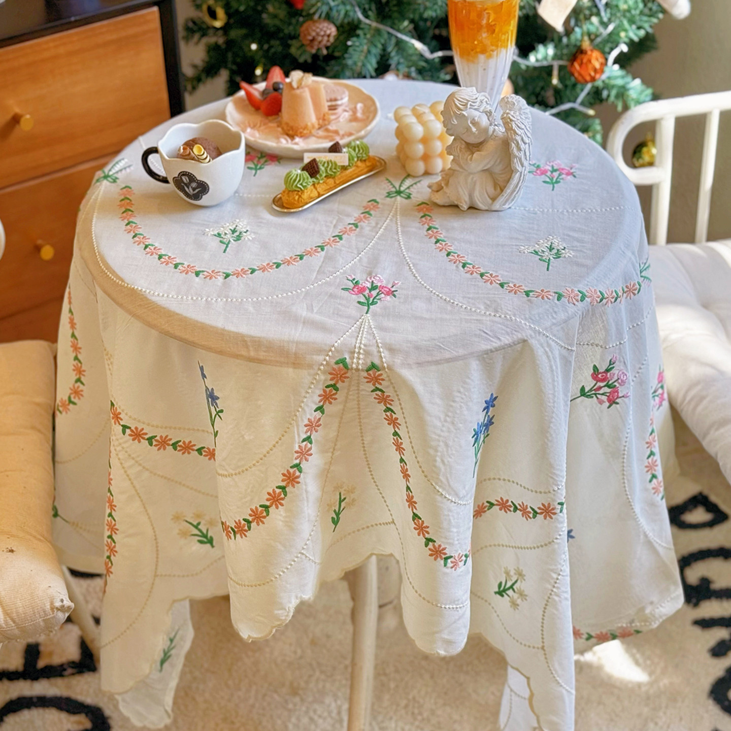 法式复古氛围感米色刺绣桌布田园风小清新茶几餐桌桌布盖巾装饰布