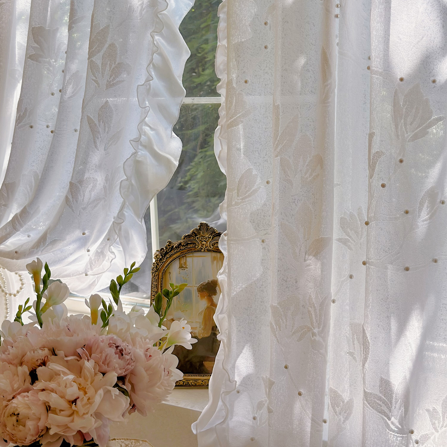 法式浪漫立体浮雕玉兰珍珠纱帘