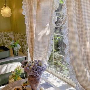 美式田园风琥珀黄格子窗帘韩式甜美风波浪刺绣花边半帘隔断装饰帘