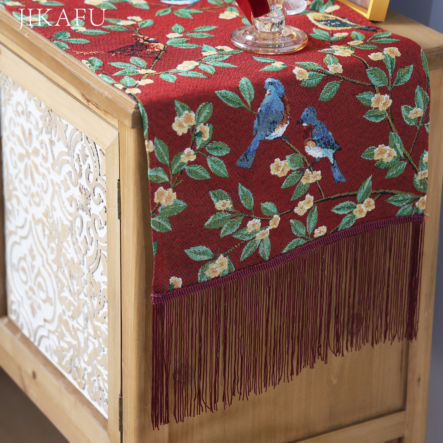 新年复古花鸟红色流苏防尘桌旗双层斗柜高级盖巾装饰性电视柜盖布,居家布艺,桌旗,淘宝优惠券,粉丝福利购,淘宝优惠卷