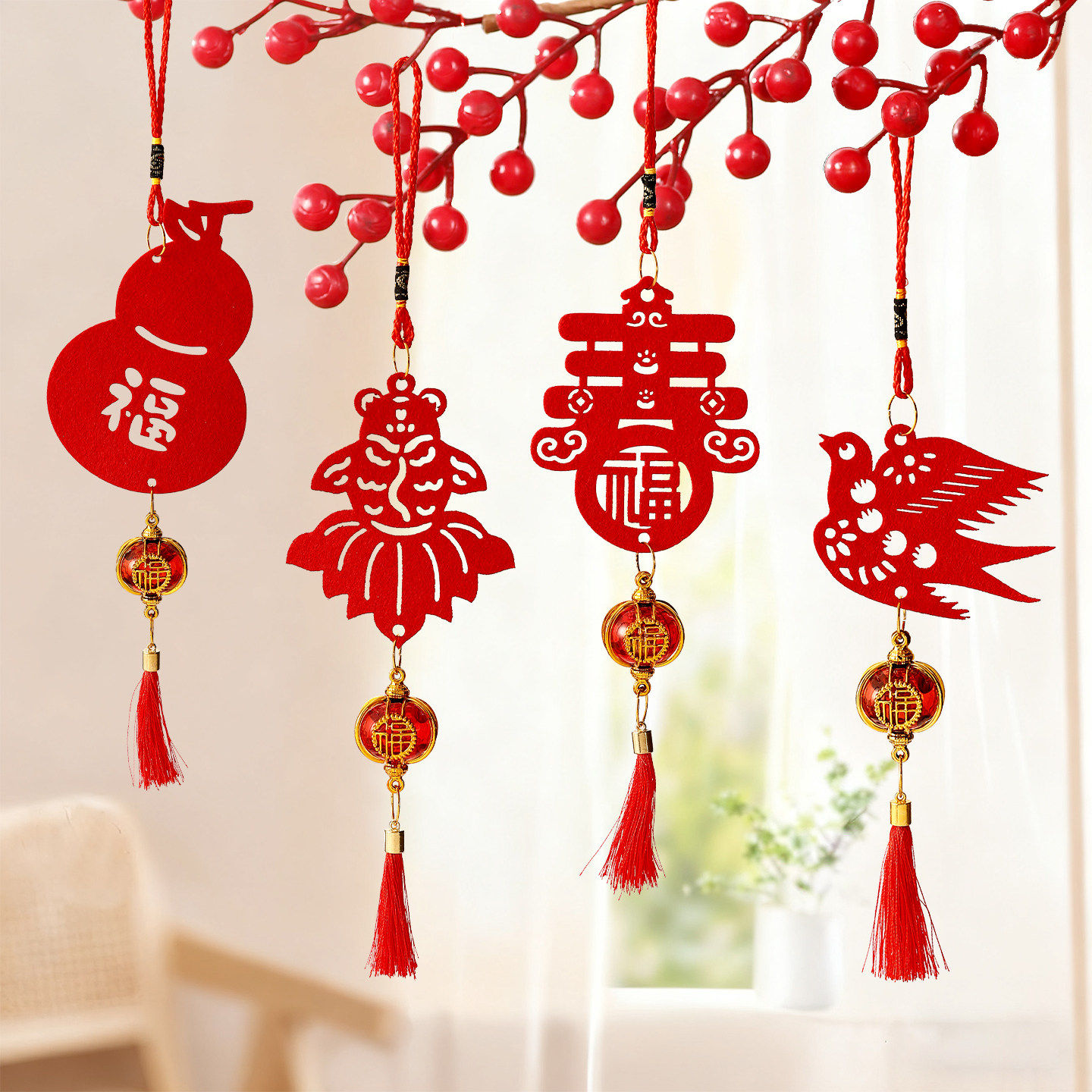 羊年2027新年春节布置毛毡挂饰挂件过年装饰品新春喜庆小灯笼吊卡