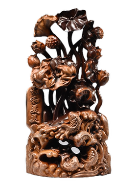 雕刻荷花动物摆件红木家居装饰
