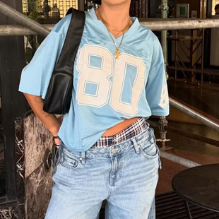 美式街头辣妹风oversize字母印花短袖T恤跨境V领宽松显瘦基础上衣