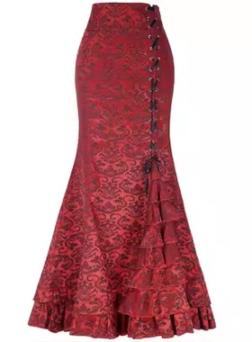 Fashion万圣节提花鱼尾裙蒸汽 朋克复古裙哥特式半身裙维多利长裙