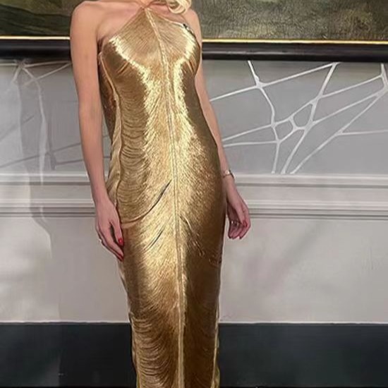 时尚挂脖礼服流苏开衩包臀连衣裙