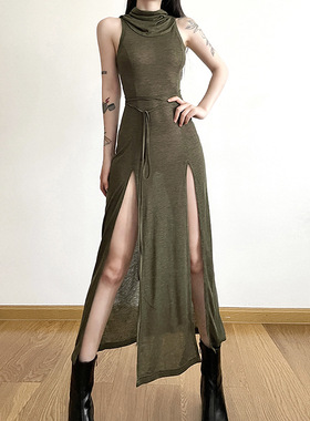 2024沙丘废土风气质性感无袖连衣裙女显瘦修身高开叉连帽长裙子